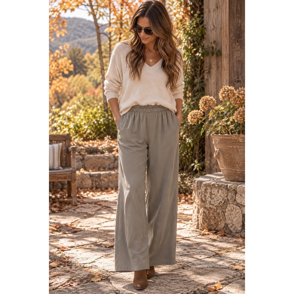 66 Eileen Fisher M Wide-Leg Pull-On Pants | Gray Taupe | Relaxed Fit